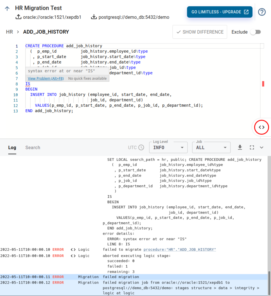 code editor with error from the CYBERTEC Migrator