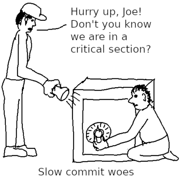 slow commit woes: one burglar tries to crack a safe, while the other tells him to hurry up (since they are in a critical section)