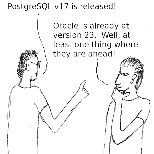 Dialogue%3A %22PostgreSQL v17 is released%21%22 - %22Oracle is already at version 23. Well%2C at least one thing where they are ahead%21%22