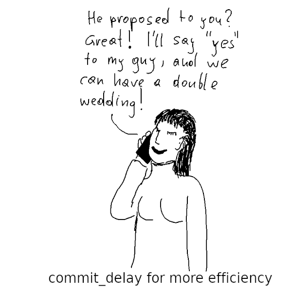 commit_delay for more efficiency: a woman tells her friend on the phone that they can have a double wedding now that the friend got a proposal